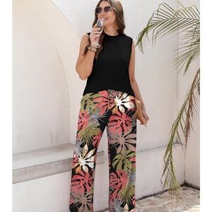 Black Pink Leaf Two Piece Summer Travel Pant Set - Size S-XL